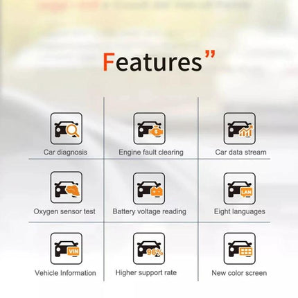 Essential Car Diagnostic Tool for Daily Vehicle Maintenance showing icons for car diagnosis, engine fault clearing, battery voltage reading, and real-time data