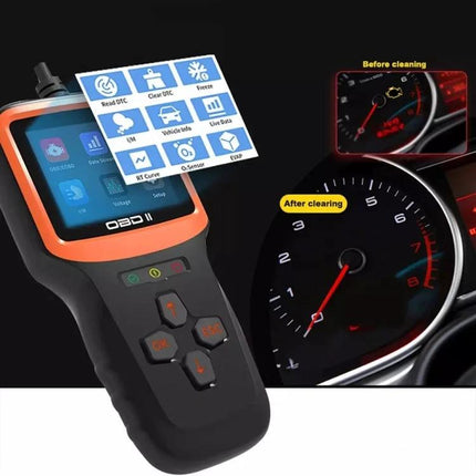 Essential Car Diagnostic Tool for Daily Vehicle Maintenance handheld OBD2 scanner showing live data, read/clear DTC and before-after gauge clearing