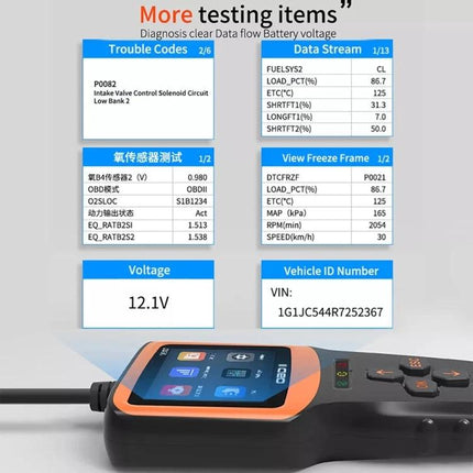 Essential Car Diagnostic Tool for Daily Vehicle Maintenance - handheld OBD2 scanner showing voltage, trouble codes, data stream and VIN readouts