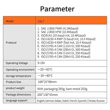 Essential Car Diagnostic Tool for Daily Vehicle Maintenance — V317 specs sheet showing protocols, voltage, temperatures, size, weight and language support