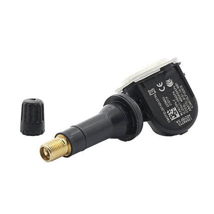TPMS Tire Pressure Monitor Sensor for Buick Vehicles replacement sensor shown with valve stem and cap, fits Buick Chevrolet Cadillac Opel models