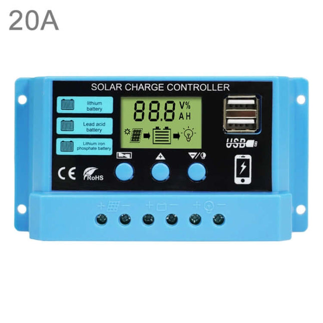 20A Solar Charge Controller for 12V/24V Lead-Acid and Lithium Batteries - blue 20A controller with LCD, one-button operation, USB ports and multi-protection features