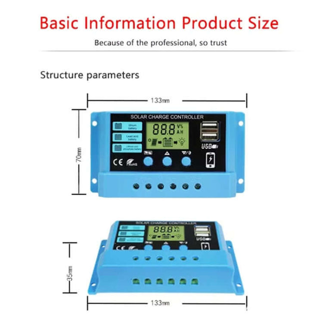 20A Solar Charge Controller for 12V/24V Lead-Acid and Lithium Batteries blue LCD display with USB ports and dimensions shown