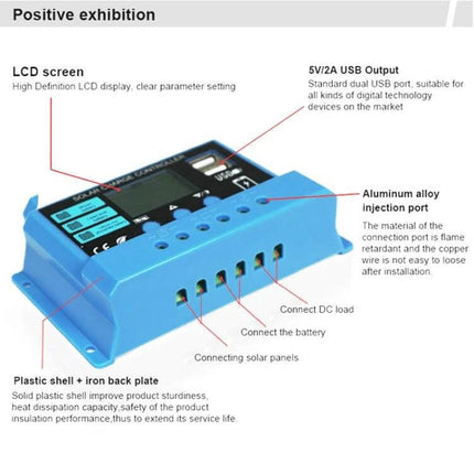 20A Solar Charge Controller for 12V/24V Lead-Acid and Lithium Batteries blue LCD display USB ports and labeled terminals
