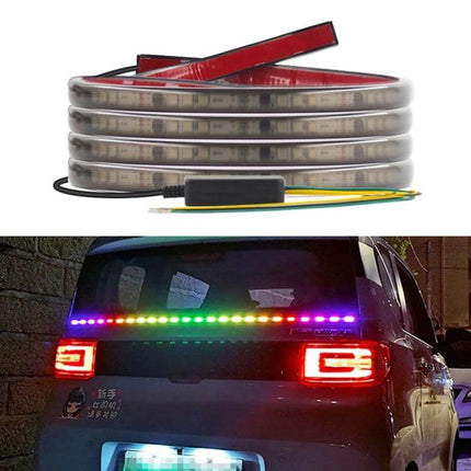 Car RGB LED Rear Light Strip For Safe Daytime Driving - flexible RGB rear light strip mounted on hatchback showing color-changing visibility and signaling