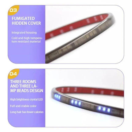 Car RGB LED Rear Light Strip For Safe Daytime Driving - slim fumigated hidden cover RGB strip showing blue LEDs and 3-lamp bead design for rear mounting
