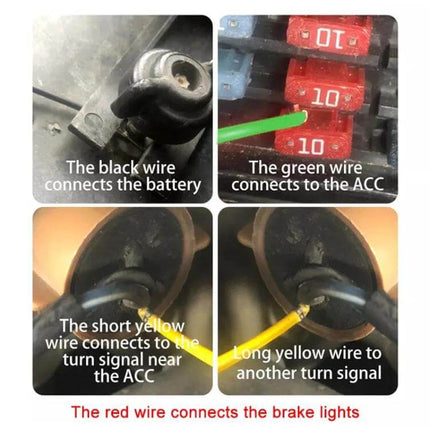 Car RGB LED Rear Light Strip For Safe Daytime Driving - rear wiring guide showing black ground, green ACC, yellow turn, red brake connections