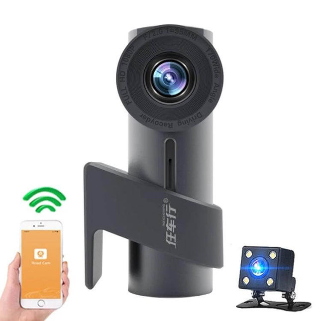 Hidden Dual Camera Car Recorder with 360-Degree Rotation discreet cylindrical dash cam with smartphone Wi‑Fi and auxiliary rear camera