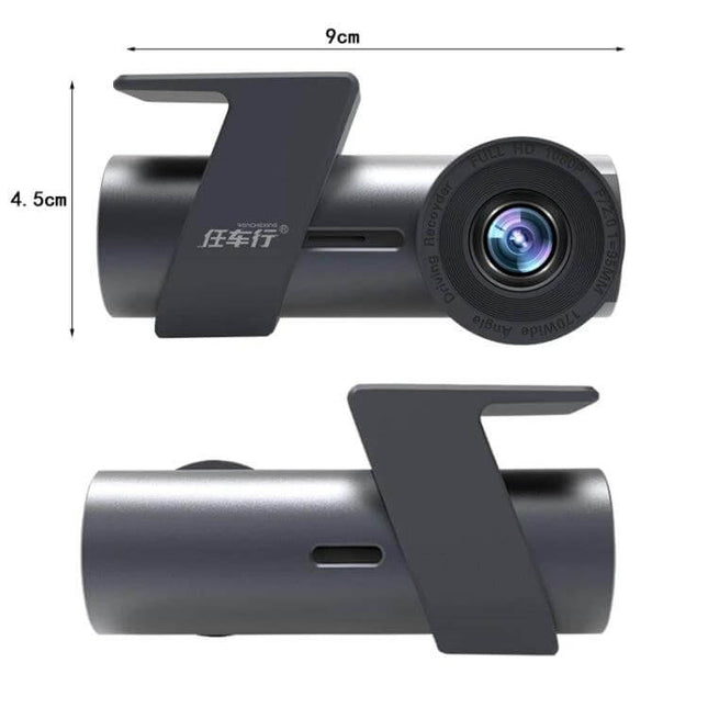 Hidden Dual Camera Car Recorder with 360-Degree Rotation compact clip-on dash camera showing lens and measurements