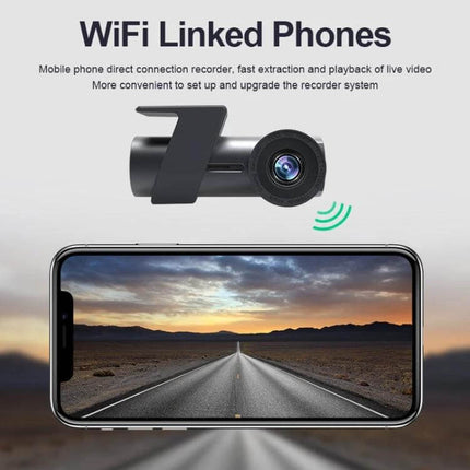 Hidden Dual Camera Car Recorder with 360-Degree Rotation showing discreet dash camera and smartphone live view via WiFi