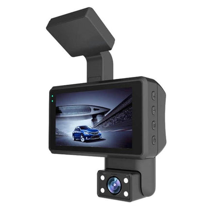 Front and Inner Camera Car Dash Cam with Night Vision Recording mounted display and external lens showing road scene, 1280x720 30fps