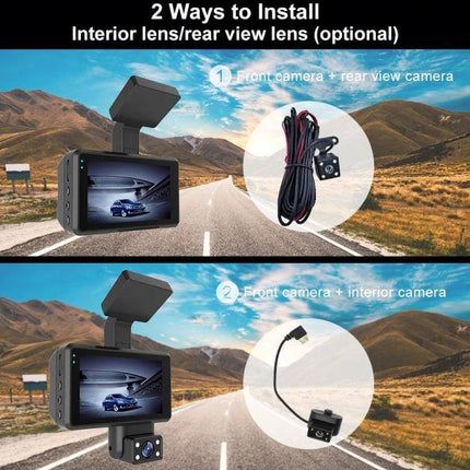 Front and Inner Camera Car Dash Cam with Night Vision Recording showing two installation options: rear view or interior camera, 1280x720 30fps