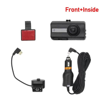 Front and Inner Camera Car Dash Cam with Night Vision Recording showing main camera, interior cam, mount, and car charger