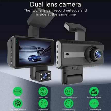 Front and Inner Camera Car Dash Cam with Night Vision Recording capturing front road and interior monitoring, 1280x720 30fps night vision