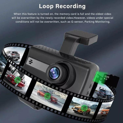 Front and Inner Camera Car Dash Cam with Night Vision Recording showing dash cam, loop recording film strip and 32GB card