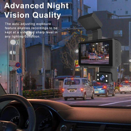 Front and Inner Camera Car Dash Cam with Night Vision Recording mounted on windshield showing night city traffic and interior monitoring