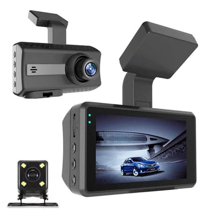 High-Definition Front and Rear Dual Camera Dash Cam with Night Vision for Safe Driving Recording - dual dash cam showing front unit, screen, and rear camera