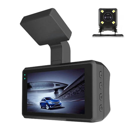 High-Definition Front and Rear Dual Camera Dash Cam with Night Vision for Safe Driving Recording showing front screen and rear camera