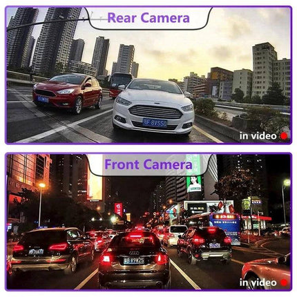High-Definition Front and Rear Dual Camera Dash Cam with Night Vision for Safe Driving Recording - front and rear city driving views