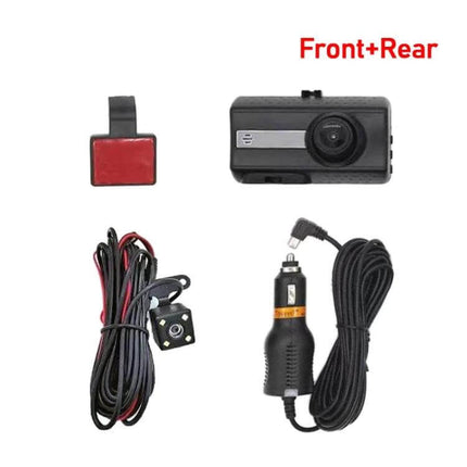 High-Definition Front and Rear Dual Camera Dash Cam with Night Vision for Safe Driving Recording - compact front and rear kit with wiring and car charger