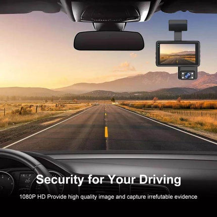 High-Definition Front and Rear Dual Camera Dash Cam with Night Vision for Safe Driving Recording - windshield view showing mounted dual dash cam over open road