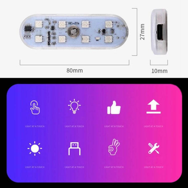 Colorful USB C Ambient LED Light With Touch Switch For Car Interior showing dimensions, USB‑C port, touch icons and color gradient