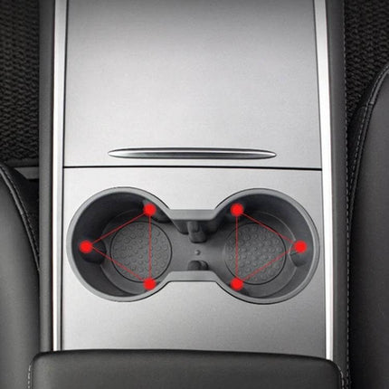 Shunwei Car Water Cup Holder for Tesla Model 3 and Y 2021-2022 installed in center console, dual cup slots securing bottles and cups to prevent spills