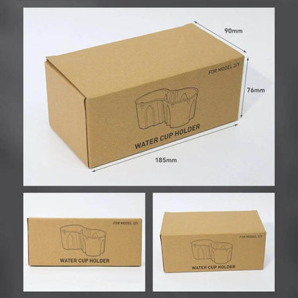 Shunwei Car Water Cup Holder for Tesla Model 3 and Y 2021-2022 cardboard packaging box showing dimensions and product sketch