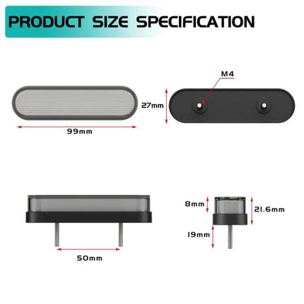 Pair of Double Color Brake and Turn Signal Lights for Vehicles showing product size specifications and dimensions (99x27mm, 50mm mounting, M4 studs)
