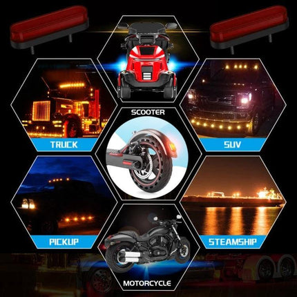 Pair of Double Color Brake and Turn Signal Lights for Vehicles shown on motorcycle scooter truck pickup and SUV with red LED housings