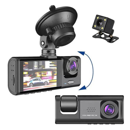 3-Lens Night Vision Car Dash Cam with Rear View Camera showing front, middle, and rear camera modules mounted and night-vision lenses