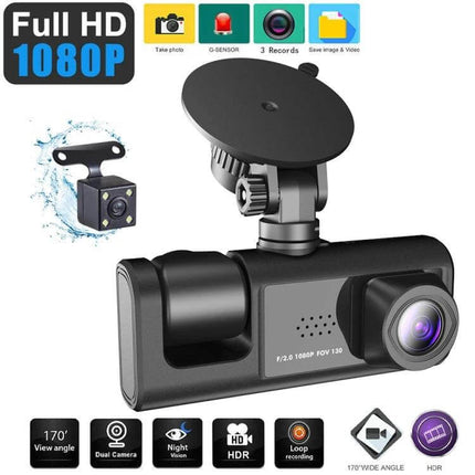 3-Lens Night Vision Car Dash Cam with Rear View Camera mounted on windshield showing front and rear lenses and night-vision capabilities