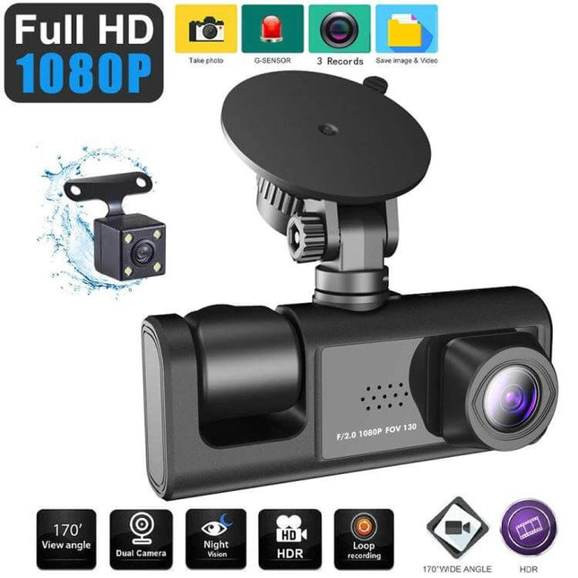 3-Lens Night Vision Car Dash Cam with Rear View Camera mounted on windshield showing front and rear lenses and night-vision capabilities