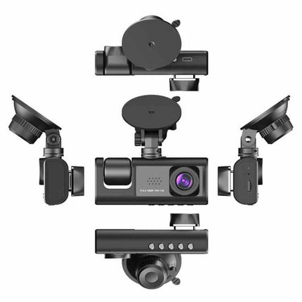3-Lens Night Vision Car Dash Cam with Rear View Camera showing front, middle and two side cameras mounted with suction cups
