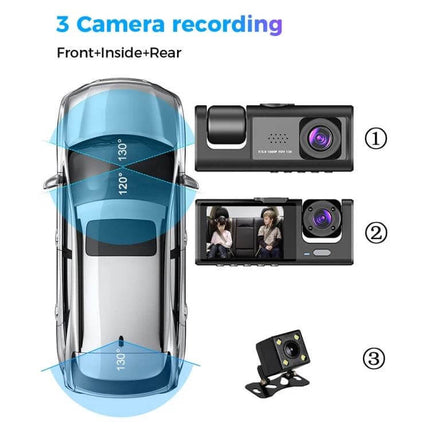 3-Lens Night Vision Car Dash Cam with Rear View Camera showing front, inside and rear coverage with night vision for parking, blind spots and incident recording