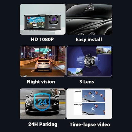 3-Lens Night Vision Car Dash Cam with Rear View Camera showing HD 1080P, easy install, night vision, 3 lens views, 24H parking and time-lapse video