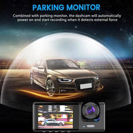 3-Lens Night Vision Car Dash Cam with Rear View Camera shown protecting parked car with parking monitor, night vision and multi-angle recording