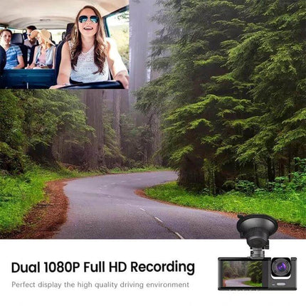3-Lens Night Vision Car Dash Cam with Rear View Camera mounted on windshield recording front and rear views on a forest road, dual 1080P full HD