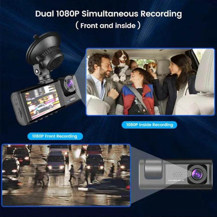 3-Lens Night Vision Car Dash Cam with Rear View Camera mounted recording front, inside and rear views for night driving and parking safety
