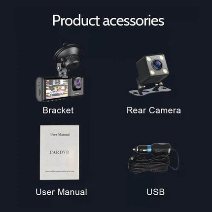 3-Lens Night Vision Car Dash Cam with Rear View Camera showing bracket, rear camera, user manual and USB accessory kit