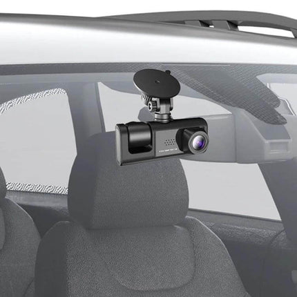 3-Lens Night Vision Car Dash Cam with Rear View Camera mounted on windshield showing front lens and suction bracket for multi-angle recording