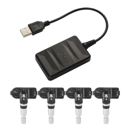 Tire Pressure System for Safe Daily Car Commutes and Trips – TPMS sensors and USB receiver showing four tire sensors and compact monitor