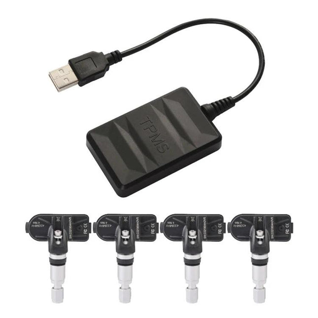 Tire Pressure System for Safe Daily Car Commutes and Trips – TPMS sensors and USB receiver showing four tire sensors and compact monitor
