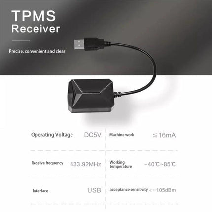 Tire Pressure System for Safe Daily Car Commutes and Trips USB TPMS receiver showing compact black dongle and cable