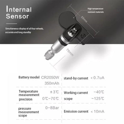 Tire Pressure System for Safe Daily Car Commutes and Trips internal sensor image showing dimensions, battery CR2050W and specs