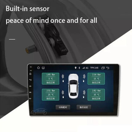 Tire Pressure System for Safe Daily Car Commutes and Trips showing in-car screen with real-time tire pressure and temperature readouts