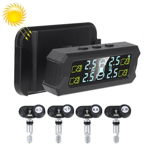 Tire Pressure Monitor for Safer Daily Vehicle Travel dashboard display with four external sensors showing real-time tire pressure and temperature