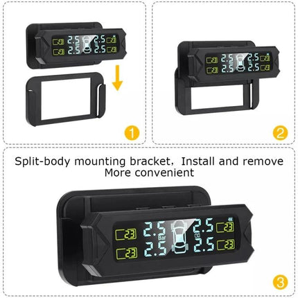 Tire Pressure Monitor for Safer Daily Vehicle Travel dashboard-mounted display showing real-time tire pressure and temperature with split-body bracket
