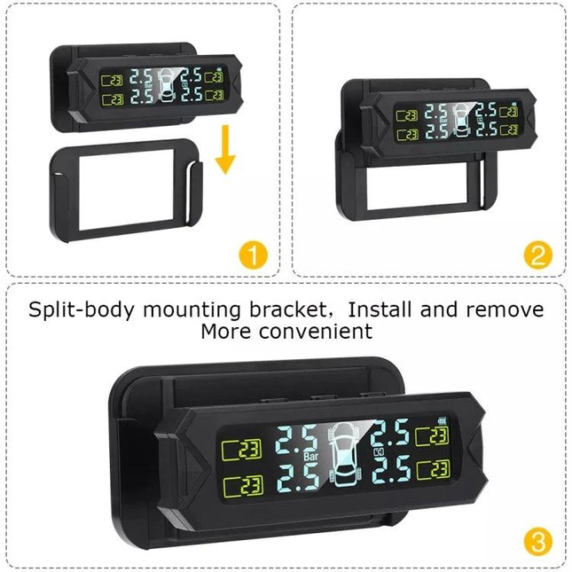 Tire Pressure Monitor for Safer Daily Vehicle Travel dashboard-mounted display showing real-time tire pressure and temperature with split-body bracket