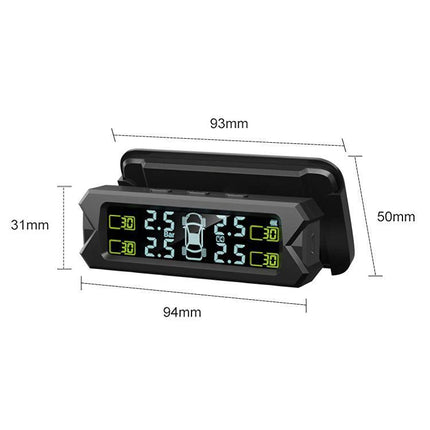 Tire Pressure Monitor for Safer Daily Vehicle Travel dashboard display showing tire pressure, temperature and dimensions (94x31x50mm)